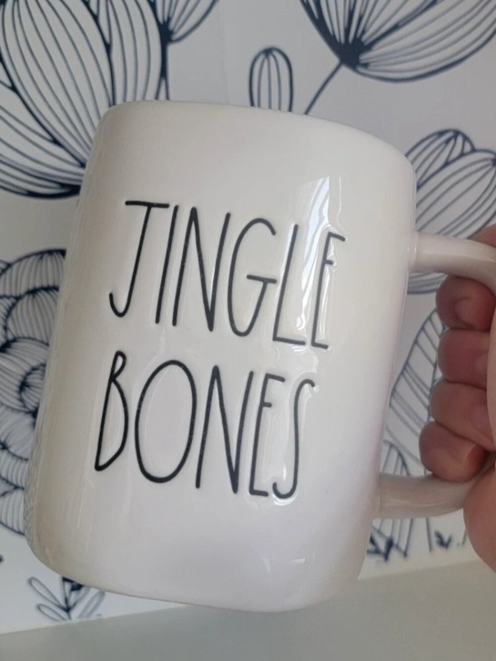 Rae Dunn ceramic mug by Magenta, "Jingle Bones" in black on white glaze, EUC